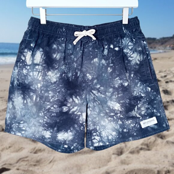 Saturdays Surf NYC Mens Tie Dye Print Swim Shorts Navy Blue Cotton Size S - Picture 2 of 10